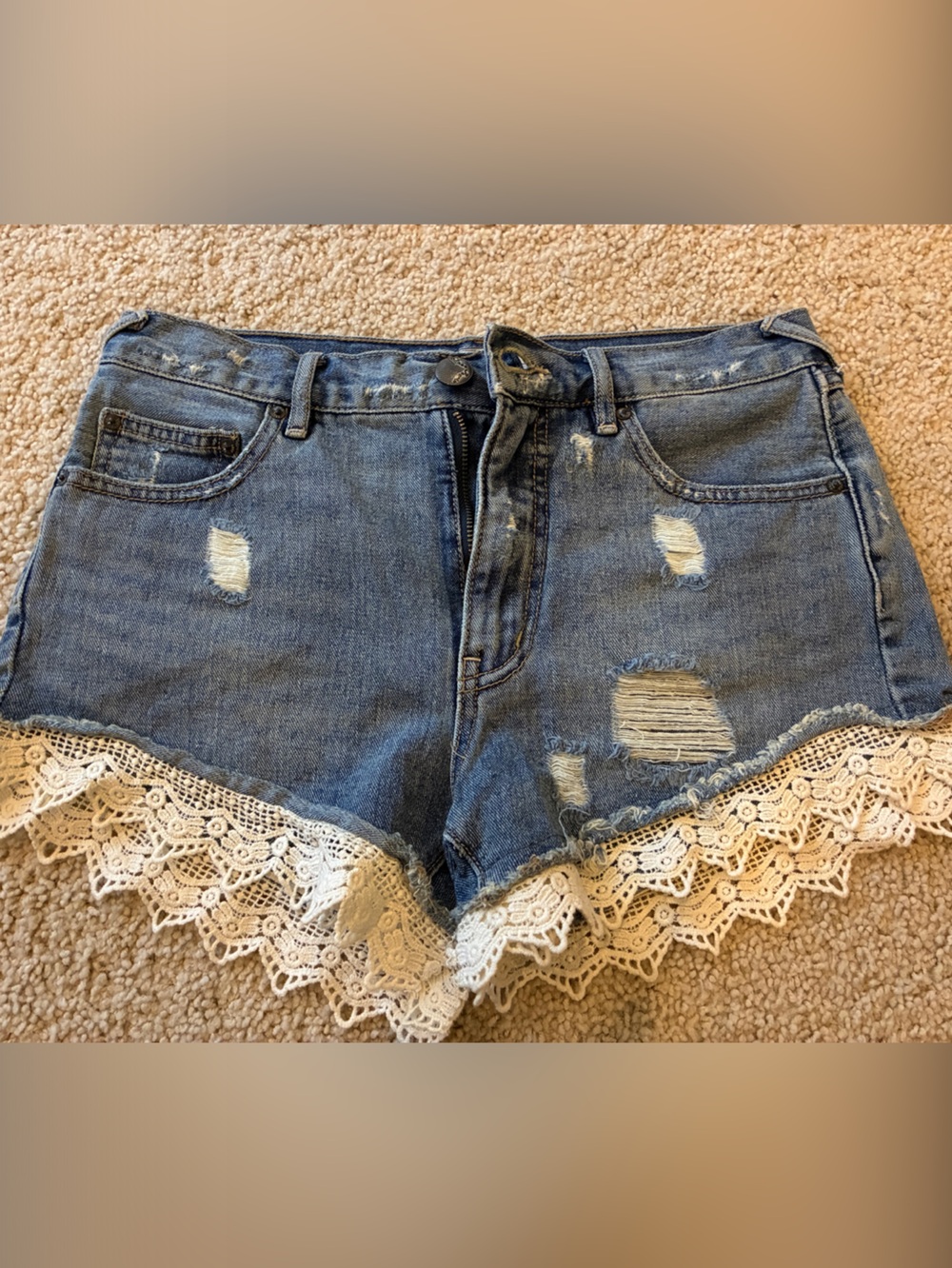 Free People - size 25- Denim Distressed Crochet Trim Shorts - Blue